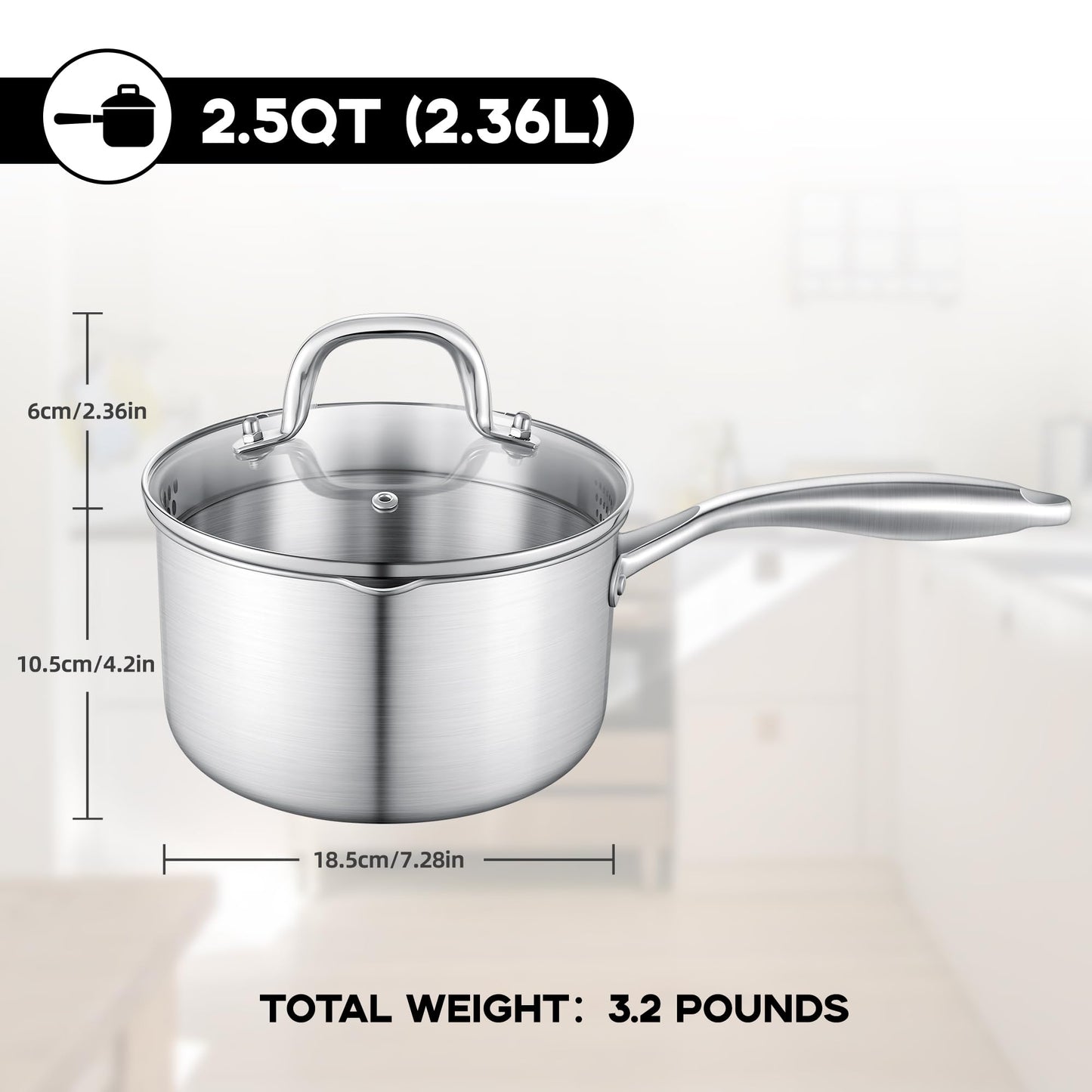 Leetaltree 2.5 Quart Stainless Steel Saucepan with Glass Strainer Lid, Thicken Tri-ply Ful Body, Multipurpose Sauce Pot with Two-Size Drainage Holes Lid, Perfect For Boiling Gravies, Pasta, Noodles