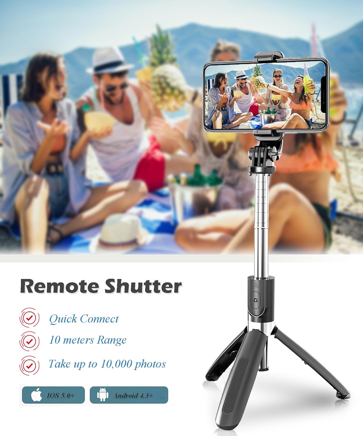 BGJOY Selfie Stick Tripod Extendable Phone Tripod Stand with Wireless Remote Portable Lightweight Video Recording