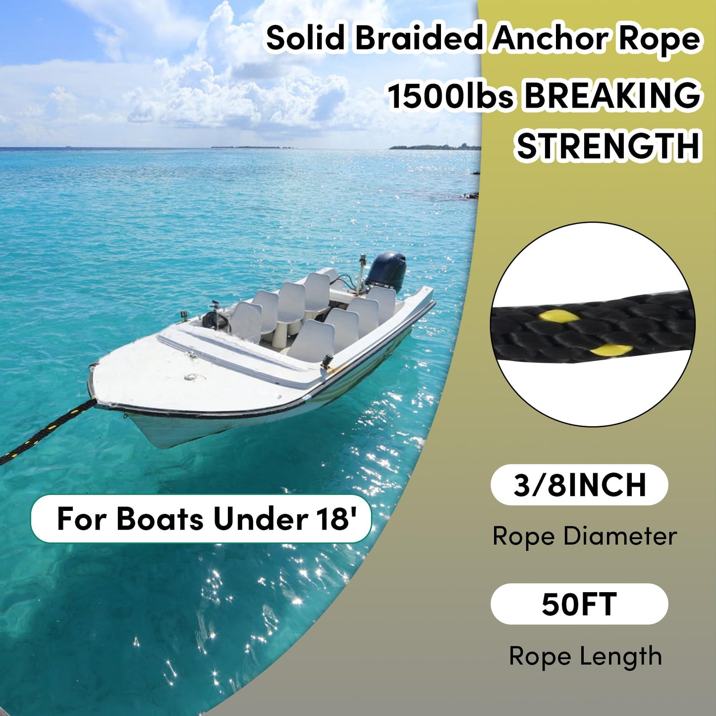 BALAVA Anchor Rope 50FT x 3/8in,Premium Solid MFP Braided Anchor Rope Anchor Line,Boat Anchor Rope with Stainless Steel Thimble & Snap Hook,Boat Rore Marine Rope for Anchors and Boats(Black/Yellow)