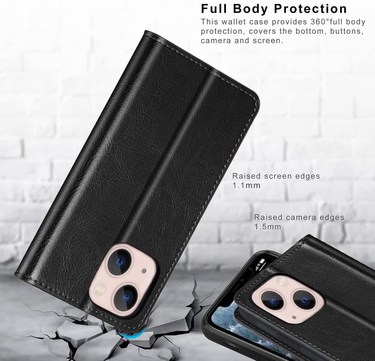 Belemay 15 (6.1-inch) Case Compatible with iPhone Wallet Case-Genuine Leather-RFID Blocking Card Holders-Shockproof TPU