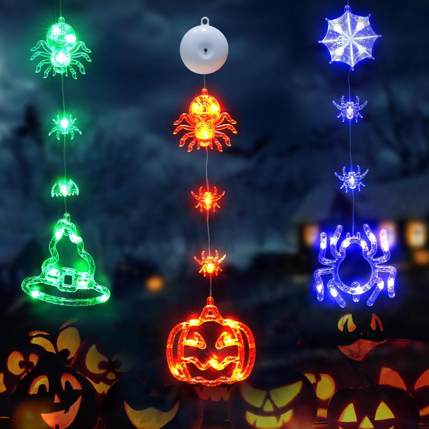Suddus Halloween Lights - 3 Pack Battery Operated with Timer | Orange Pumpkin, Violet Spider & Green Witch Hat Decor