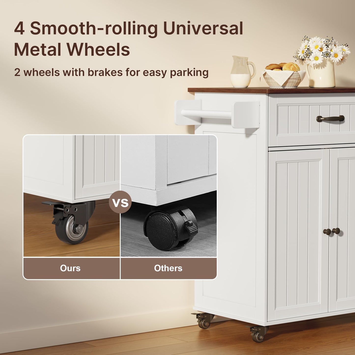 Gizoon Kitchen Island Cart with Adjustable Shelf, 33" W White Mobile Trolley Cart on Metal Wheels with Drawer & Storage Cabinet, Spice Rack & Towel Rack, for Dining Room, Bar, Retro Wooden Countertop