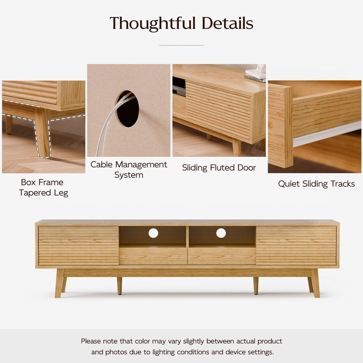 TOLEAD 70" Mid Century Modern TV Stand for TVs up to 75 Inch, Low Profile Entertainment Center with Fluted Sliding Doors & Storage Drawers, Wood TV Console Table for Living Room, Oak