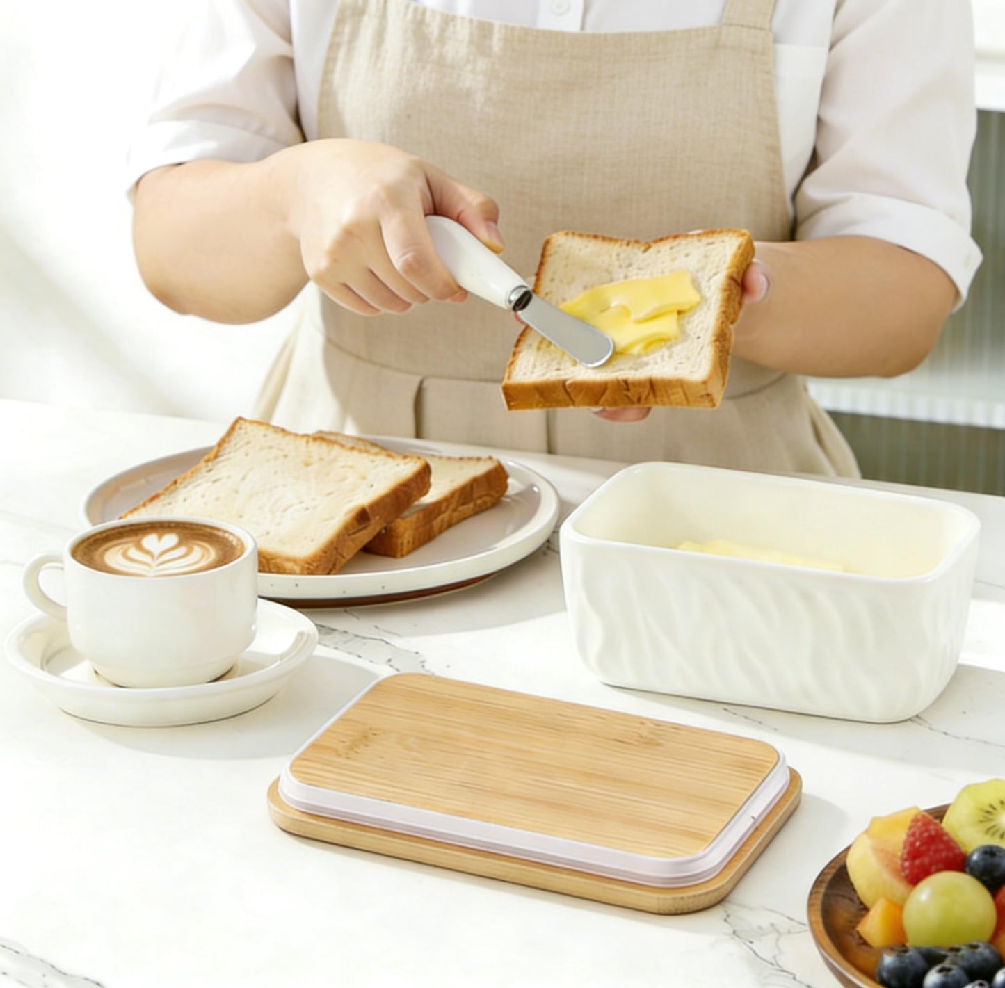 KOOV Porcelain Large Butter Dish with Lid, Airtight Butter Container with Oak Lid, Perfect for 2 Sticks, Texture Series (White)