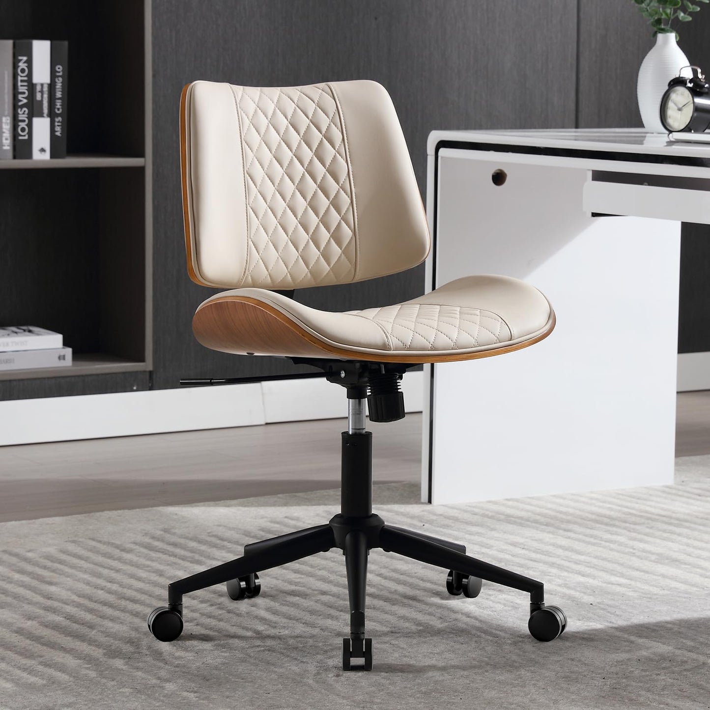 BERYTH Home Office Chair No Arms with Wheels, Adjustable Height Small Desk Chair, PU Leather Mid Back 360 Swivel Computer Chair, Armless Modern Walnut Chair for Office, Reading Meeting Room(Beige)