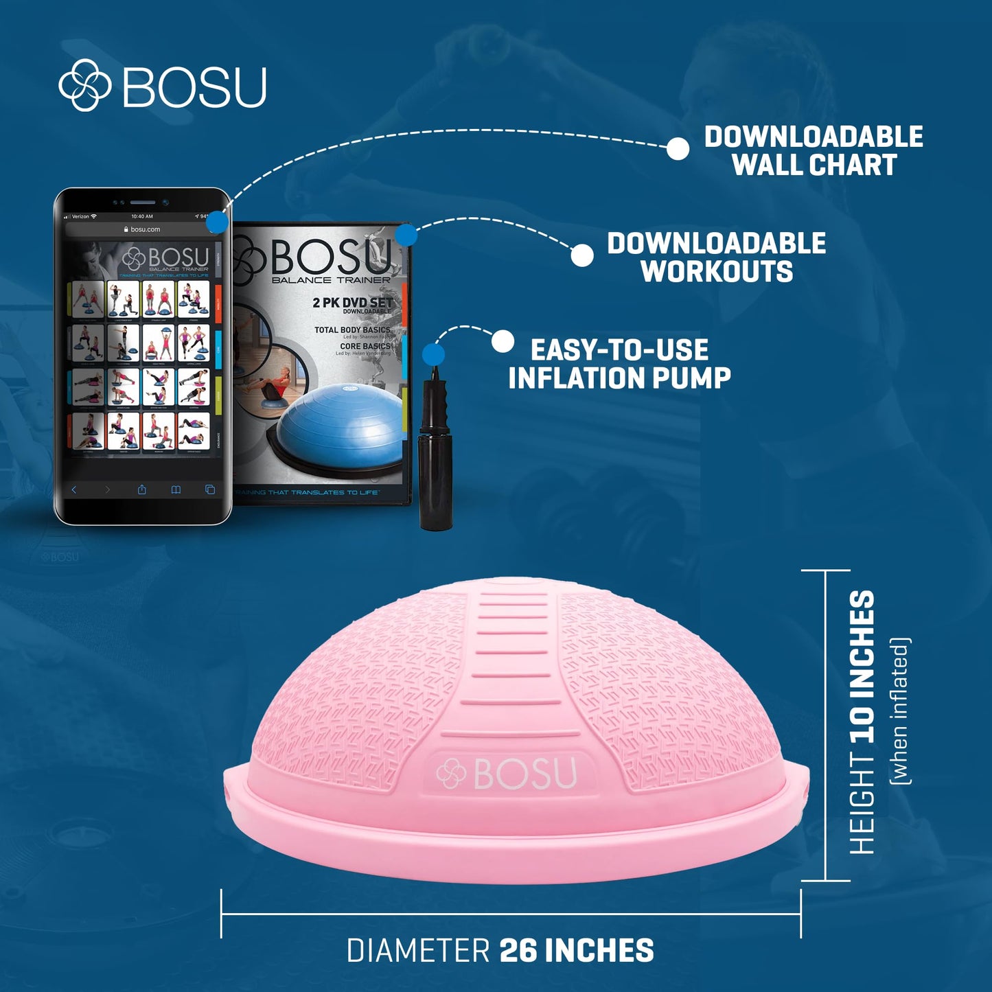 BOSU Pro Balance Trainer, Half-Ball Training Equipment, 350 lb Capacity - Stability Exercise Tool with Non-Slip Base, Includes Hand Pump, Pink