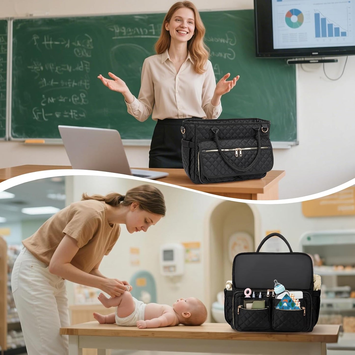 15.6 Inch, Teacher Tote Bag Large Work Tote Bag With Laptop Compartments, Quilted Women Messenger Bag With Shoulder