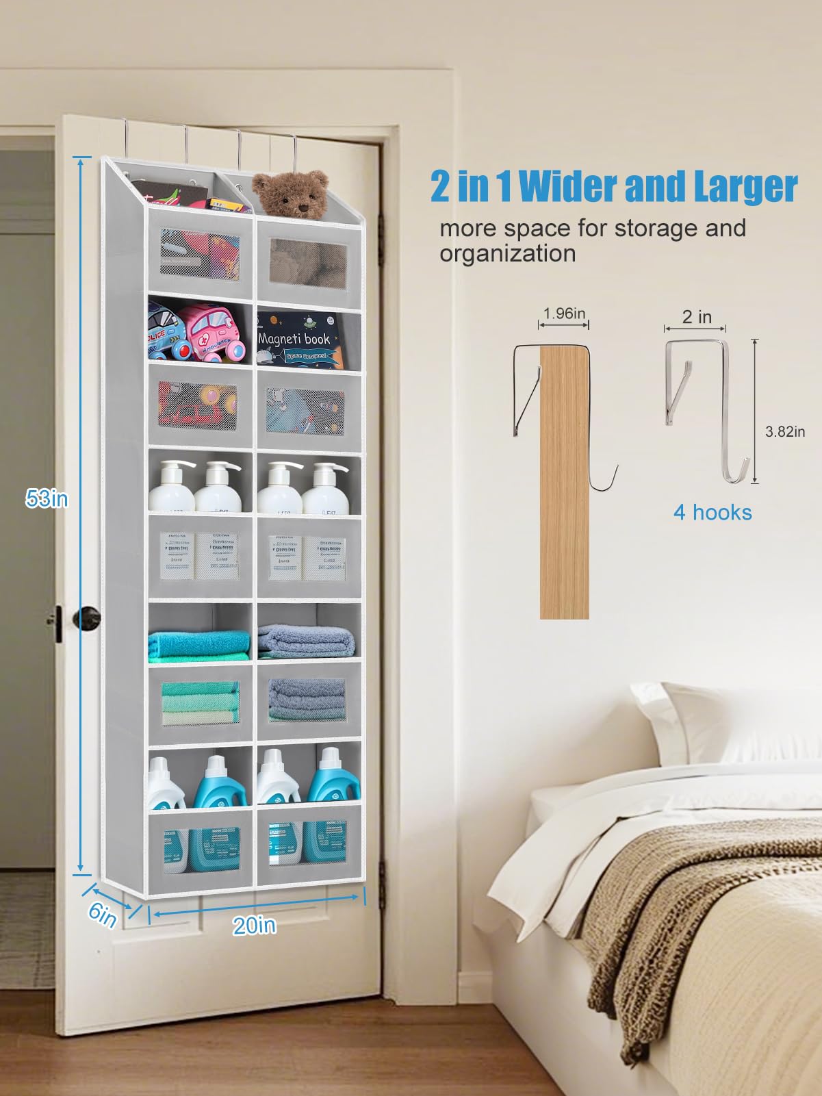 Over the Door Organizer Hanging- 10 Compartments, 80 lbs Load Behind Door Stuffed Animal Storage, Extra Large Toys Storage Organization for Bedroom, Bathroom, Closet, Nursery, Shoes, Diaper (grey)
