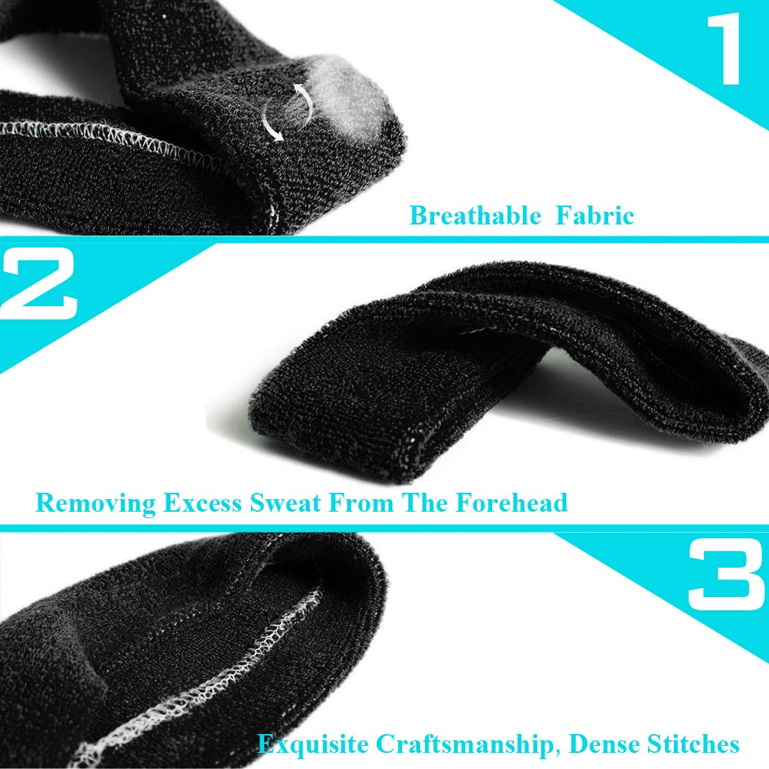 3 Pack Men & Women Sweatband Headband Terry Cloth Moisture Wicking for Sports Tennis Gym Work Out (White,Black,Gray)