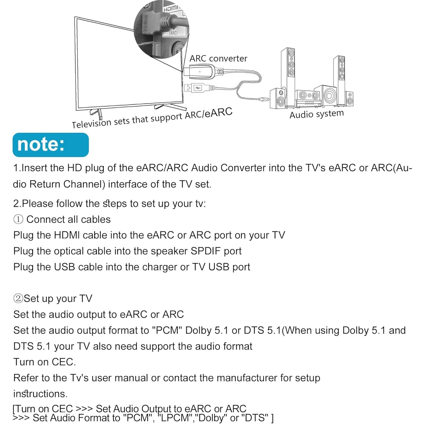 192KHz 3.4ft/1.05m Dolby/DTS 5.1 HDMI eARC/ARC to Optical Audio Converter for TV to Soundbar, Plug & Play eARC