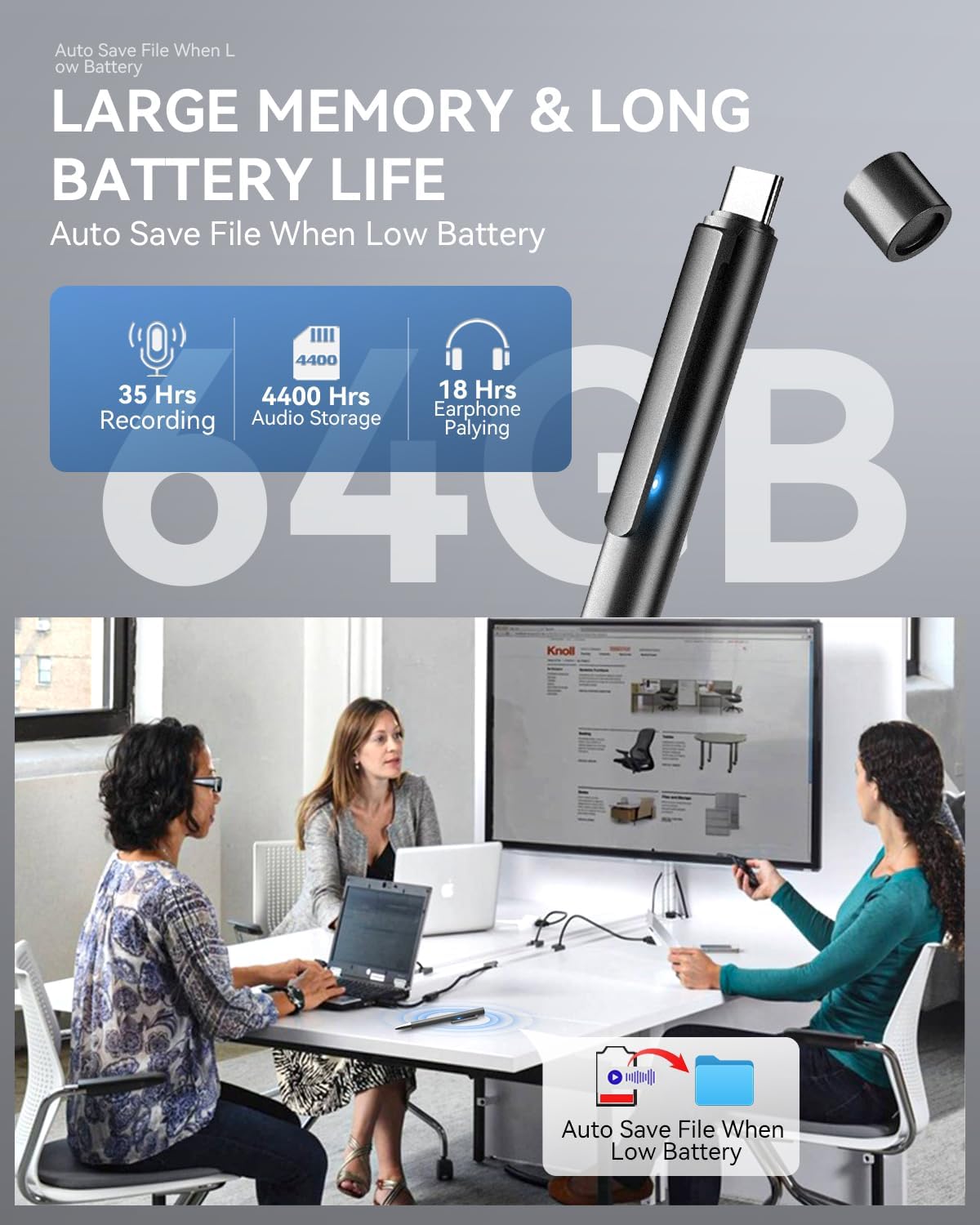 EAKKOR 64GB Digital Voice Recorder, Recording Device with Noise Reduction, Voice Activated Tap Recorder