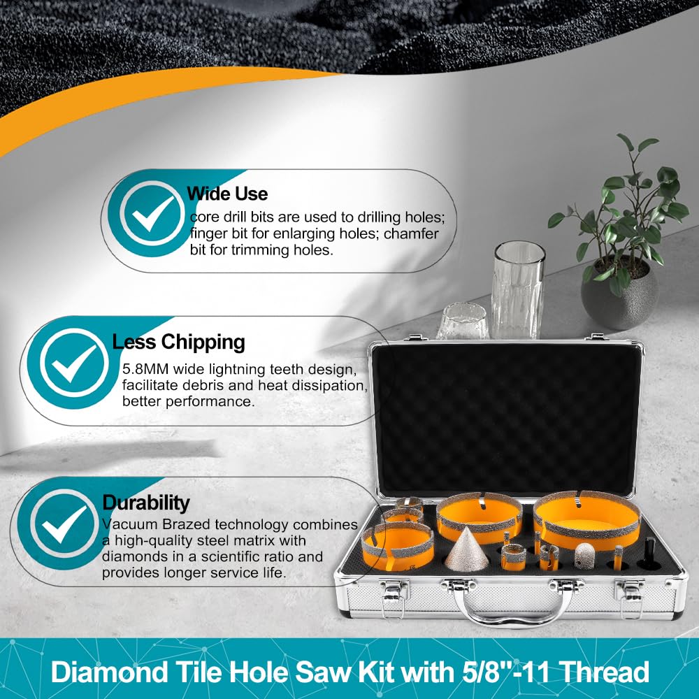 EXFEIN Tile Hole Saw Kit 13pcs - Diamond Core Drill Bits 6/6/8/19/25/35/50/75/102/125mm for Tile Porcelain Marble Granite with 20mm Diamond Finger Bit and 2" Chamfer Bit Trimming Hole and SDS Adapter