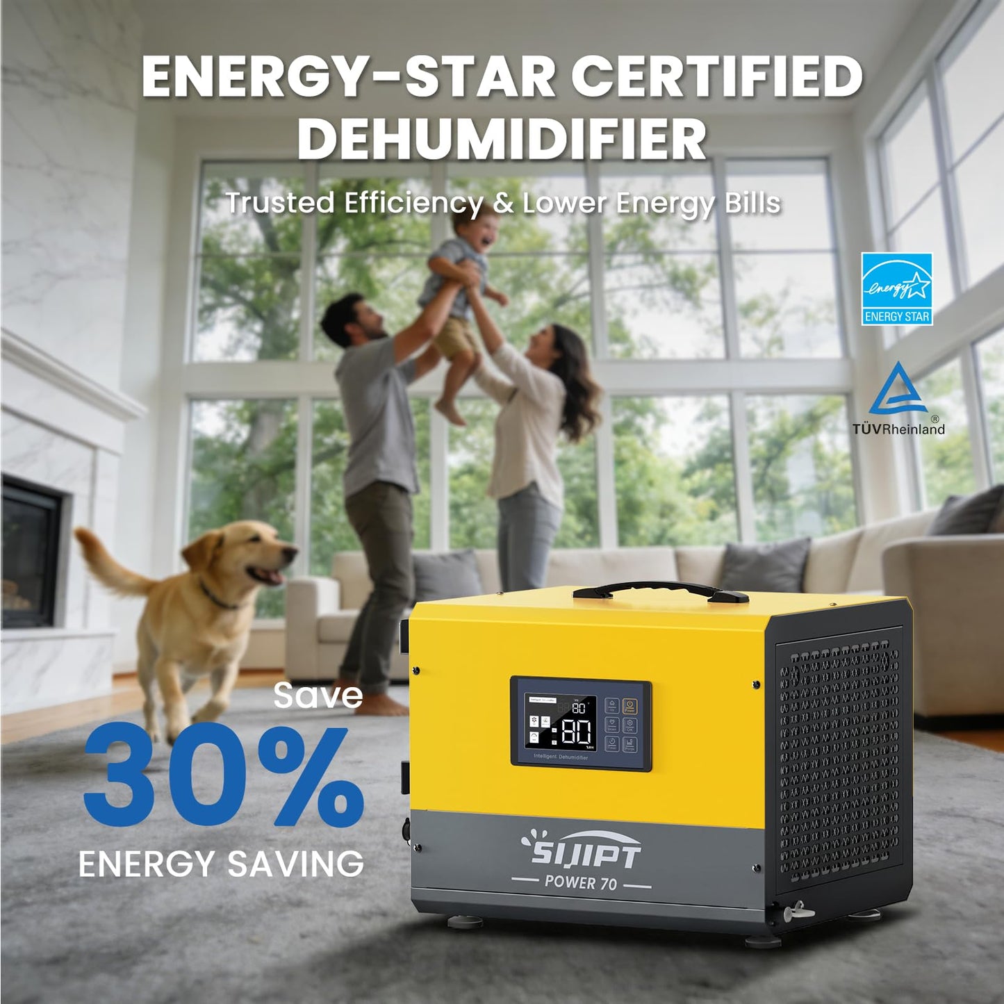 70 Pint Crawl Space Dehumidifier with Energy Star & Pump & Drain Hose for Basement, Commercial, Whole House, Industrial, Water Damage Restoration, Spaces Up to 2000 Sq Ft, Auto Defrost,Memory Restart