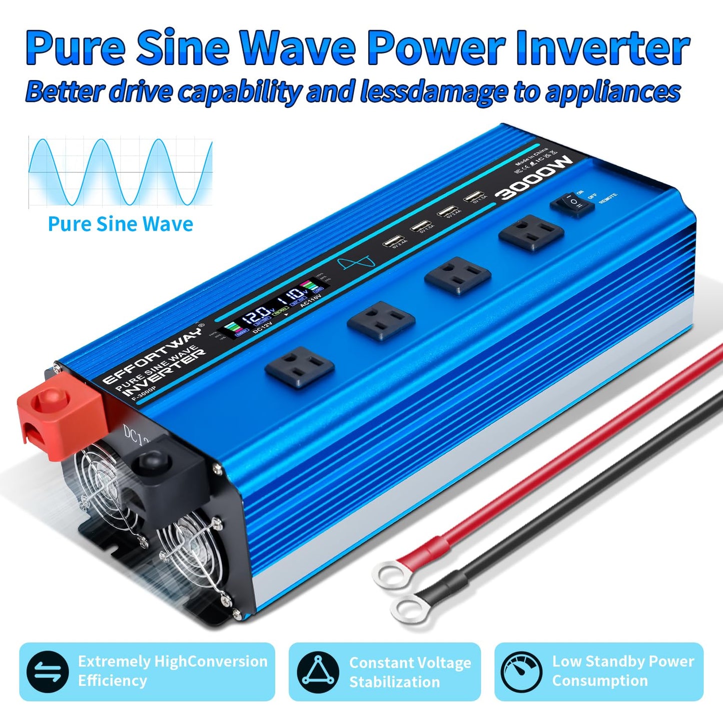 3000w Pure sine Wave Inverter DC 12V to AC 110V/120V Converter, 6000w (Peak) with LCD Display, Wireless/Wired Remote Control, 4AC outlets and 4USB.Ideal for Camping, RV Travel, Off-Grid Solar Systems