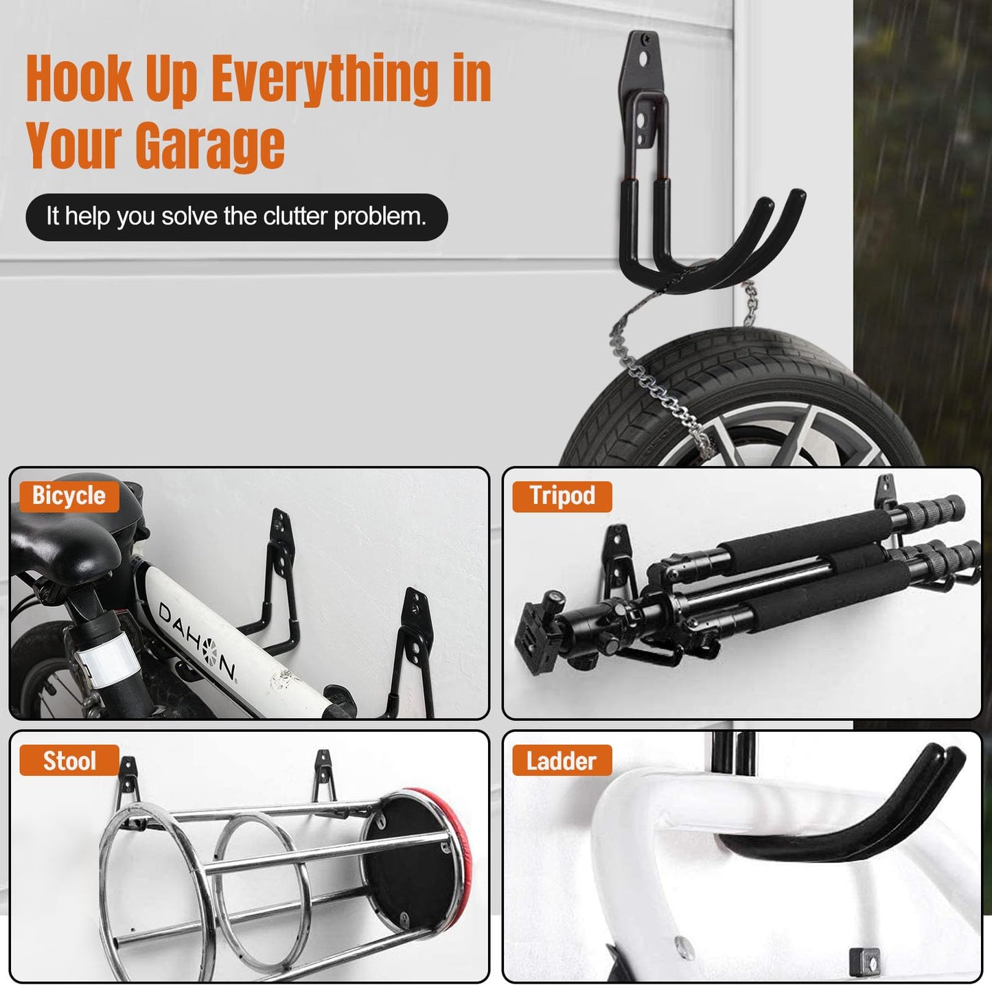 SecureElastic Garage Hooks & Extension Cord Storage Straps, Heavy Duty 2.8 inch Wall Mounted Storage Hangers for Ladders, Hose, Bike, Garden Tools Organization 6 Pack