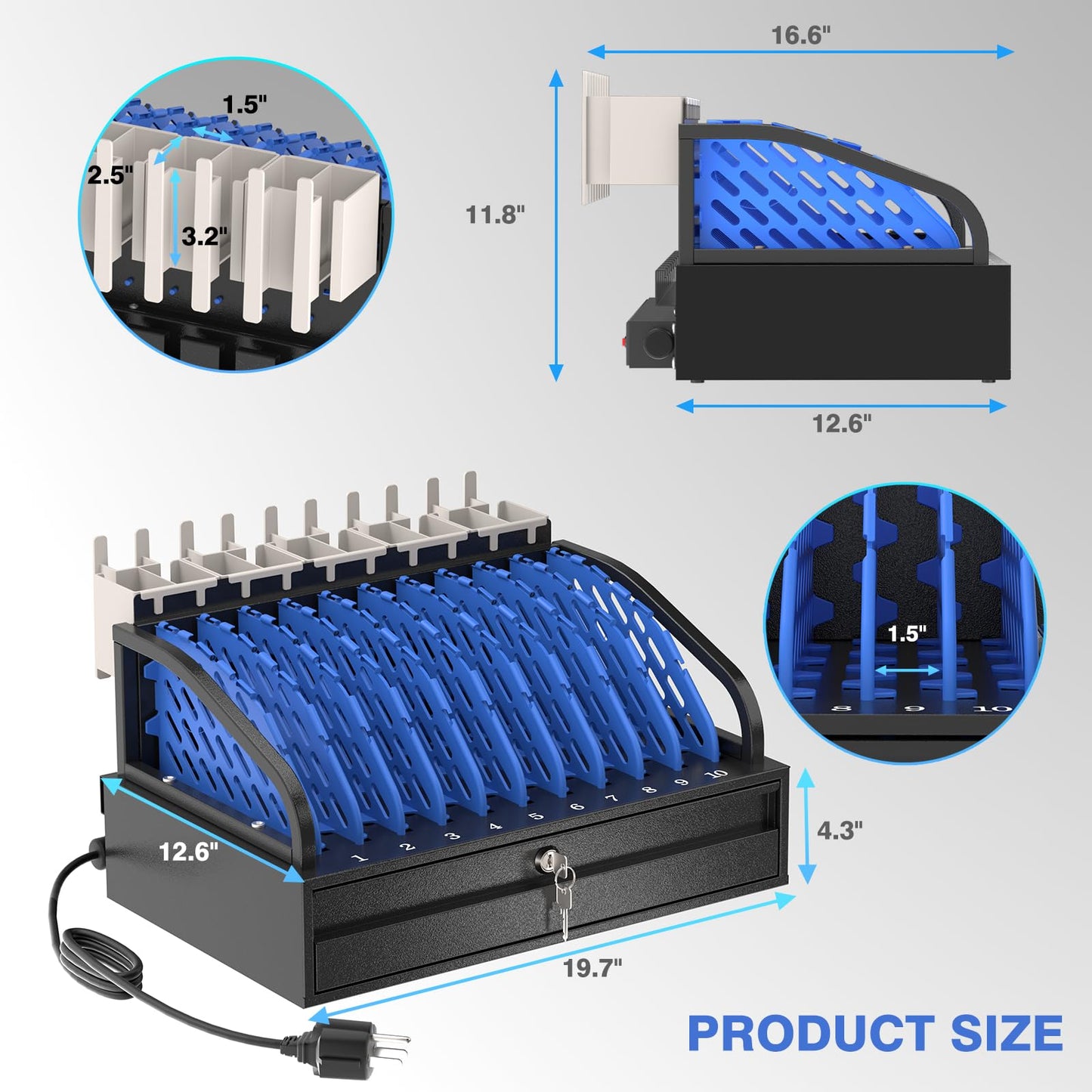 10-Device Open Charging Station for Chromebooks & Tablets - Heavy-Duty Steel Rack with Lockable Storage Drawer, Multi-Device Charging Organizer for School, Office, Hospital
