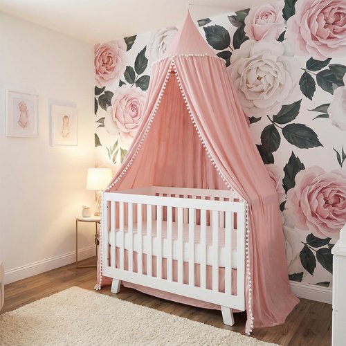 LOAOL Bed Canopy with Pom Pom for Kids Crib Baby Girl Netting Cover Canopy Crib Curtain Reading Nook Hanging Tent Nursery Play Game Castle Room Decoration (Pink)
