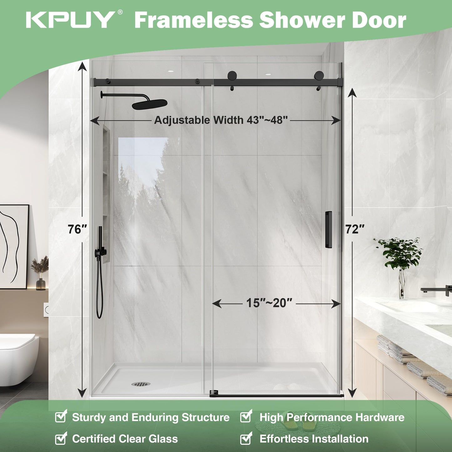 KPUY Frameless Shower Door, 43-48" W x 76" H Sliding Glass Shower Door, 1/4" (6mm) Thick Tempered Clear Glass with Explosion-Proof Film Nano Coating in Matte Black Finish