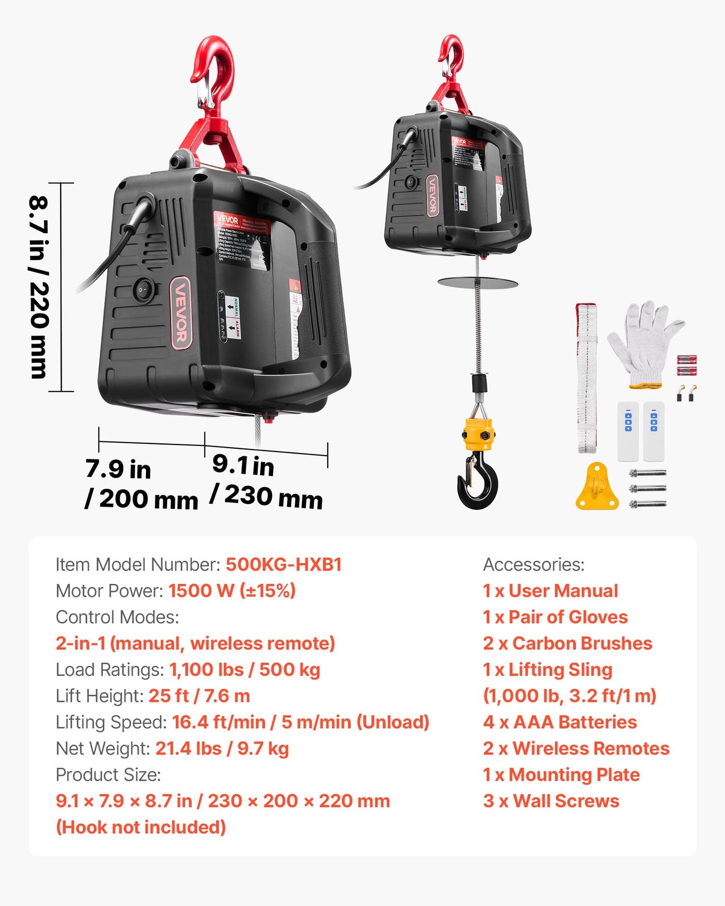 VEVOR 2-in-1 Electric Hoist Winch, 1100 lbs Capacity, 1500W Portable Power Winch Crane, 25 ft Lifting Height, 16.4 ft/min with Manual and Wireless Remote Control for Factory, Warehouss, Garage