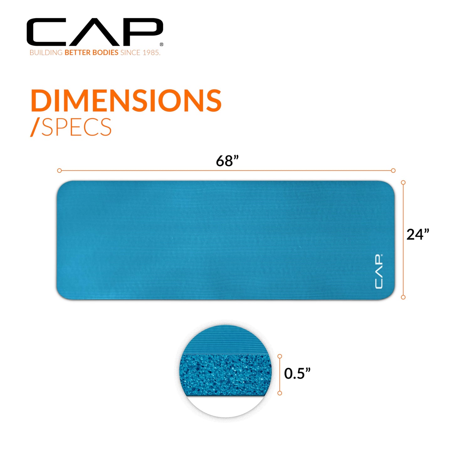CAP Barbell Yoga Mat 1/2" Thick with Carrying Strap - High Density Exercise Mat for Yoga, Pilates, Stretching, Floor & Fitness Workouts - 68''x24''x1/2" | Teal