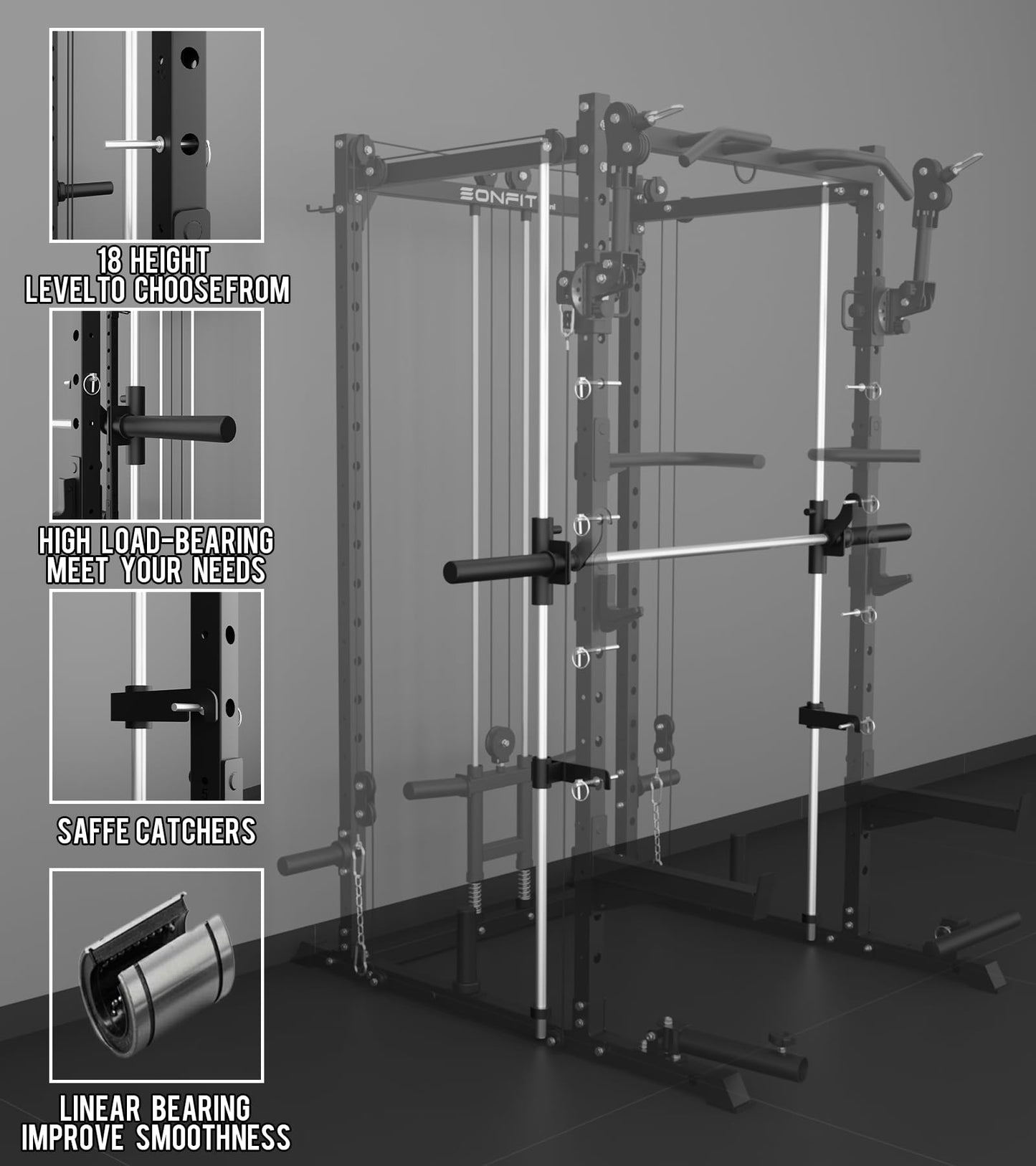 Eonfit E3 Smith Machine with 3D Rotating Arm for Home Gym Equipment, Multi-Function Power Cage Squat Rack with Cable Crossover LAT Pulldown Pulley System All in One (Black, PRO)