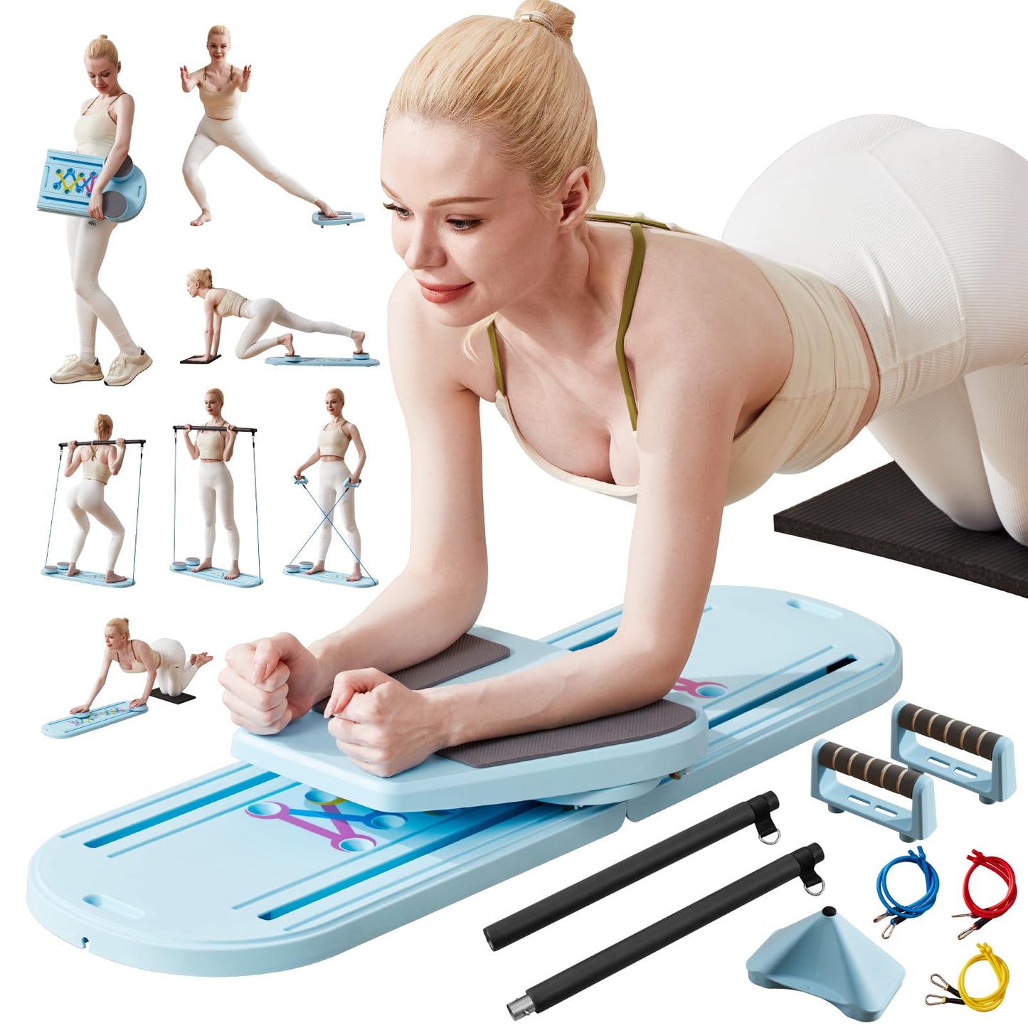 Pilates Board & Reformer Machine Set - Foldable Home Pilates Equipment, 6-in-1 Multifunctional Pilates Sliding Board for Women/Men, Portable Pilates Reformers Workout Machine 2025 Pro Version