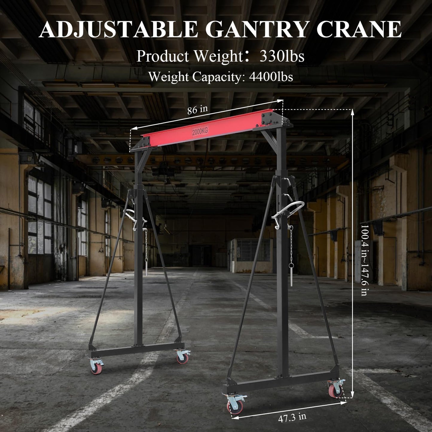 1 Ton Heavy-Duty Adjustable Gantry Crane, 2200 Lbs Capacity, 8.5Ft Span, 7.5Ft-12Ft Adjustable Height, Steel Hoist with Locking Wheels for Warehouse Workshop Garage