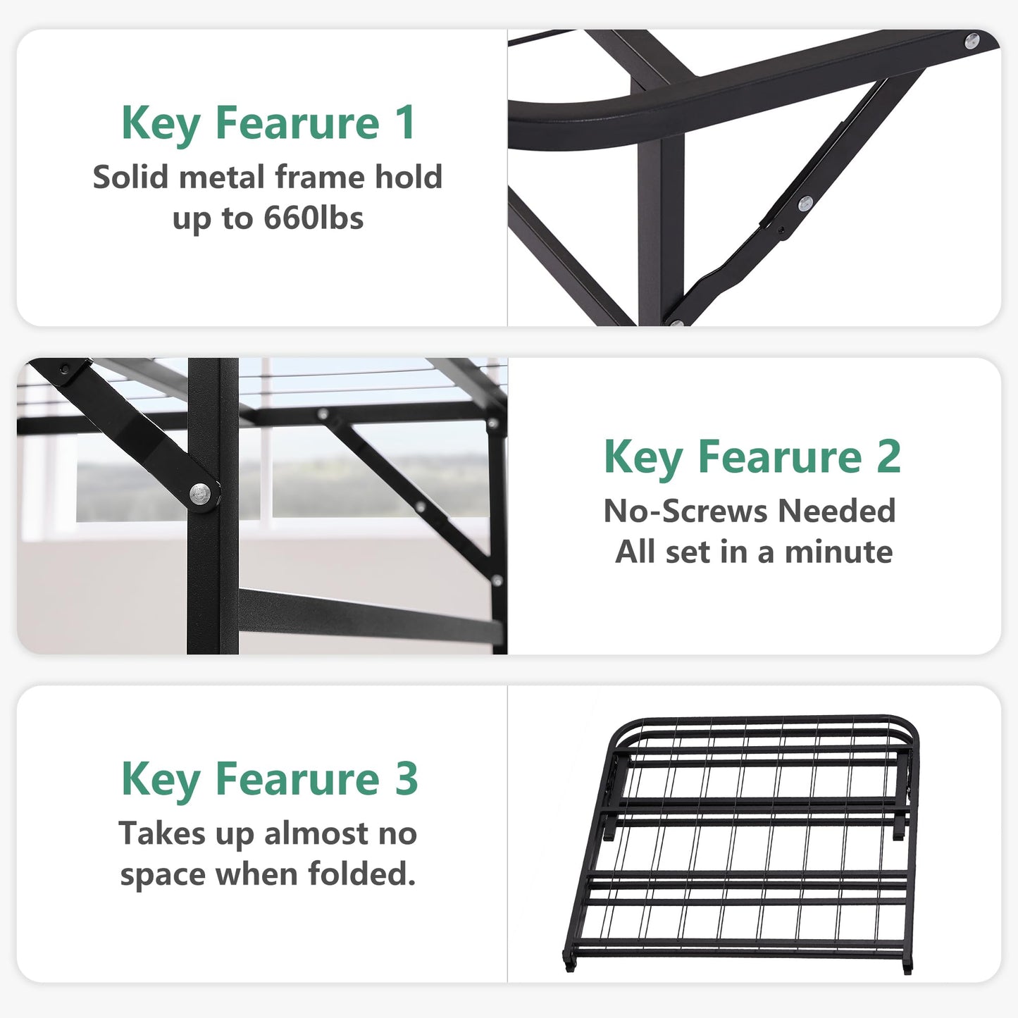 VECELO No Tools Required Metal Folding Bed Frame - 14 Inch Heavy Duty Platform Base, 660lbs Max Support, Twin Size Jet Black, Ideal for Small Apartments & Guest Rooms