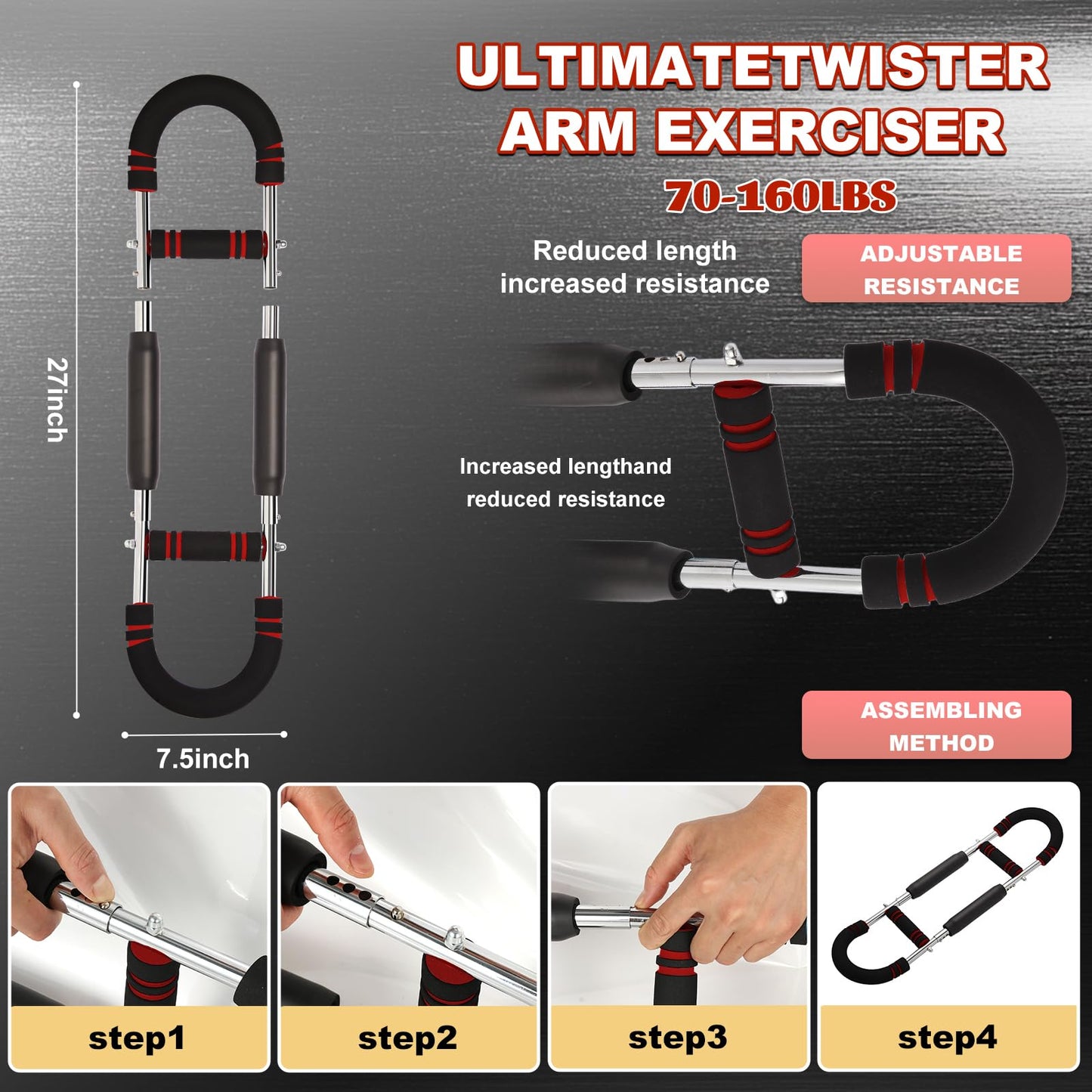 Gecool Chest Workout Equipment,Adjustable Resistance Bar for Full Body Workout, Arm Strengthener for Men & Women, Fitness Equipment for Strength Training（70-160Lbs）