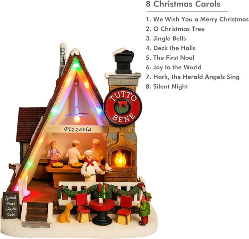 Moments In Time Pizza Shop Scene - Handcrafted LED Musical Pizzeria Holiday Decoration | Battery Operated Tabletop Display