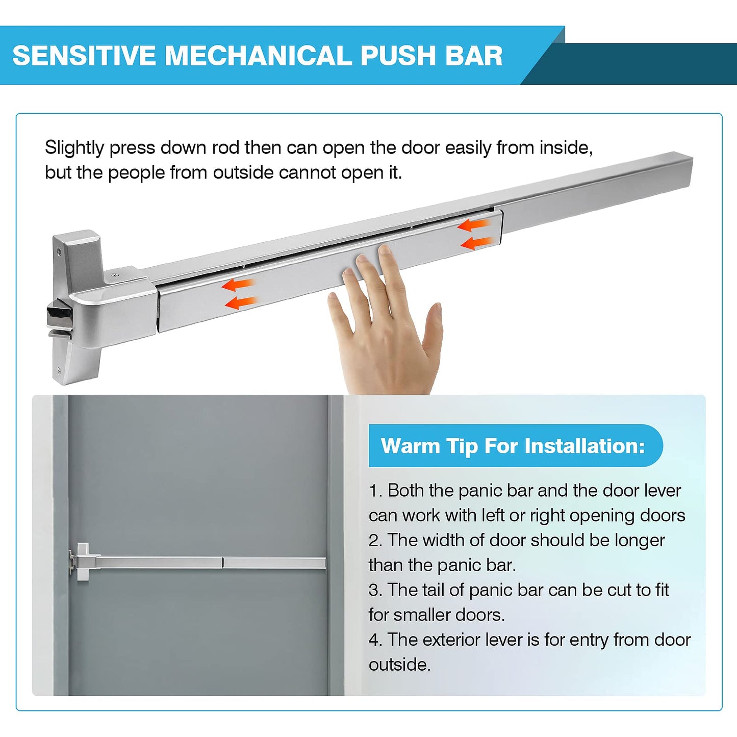 IRONWALLS Panic Bars for Exit Doors 41”, Stainless Steel Commercial Push Bar Panic Exit Device with Exterior Door Lever Handle, Push Bar Door Lock Emergency Door Hardware for 41”-53” Doors