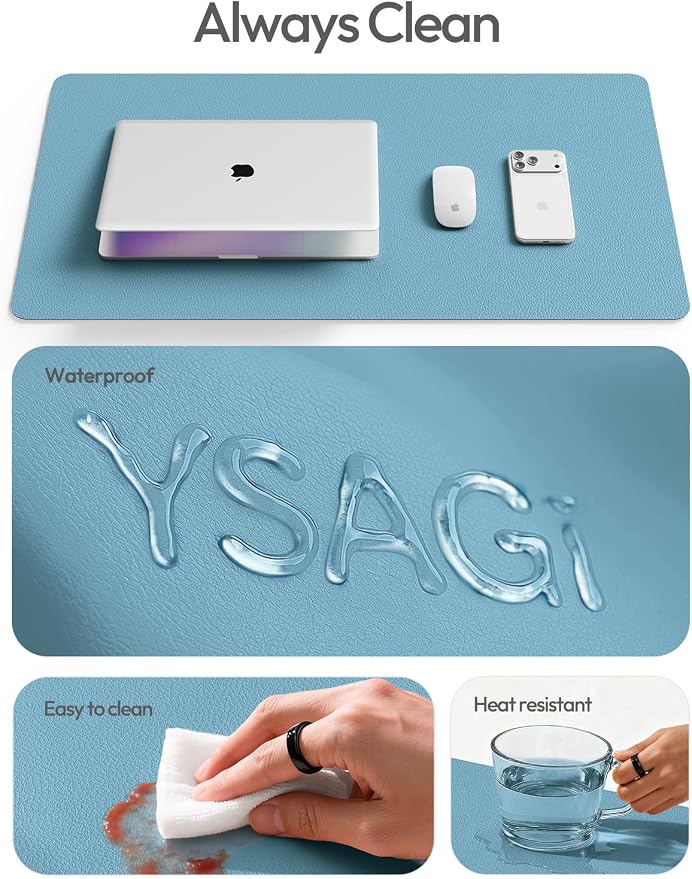 YSAGi Leather Desk Protector, Office Mat, Large Mouse Mat, Non-Slip PU Leather Blotter, Laptop Desk Mat, Waterproof Writing Pad for Office and Home (Sea Blue, 47.2" x 23.6")