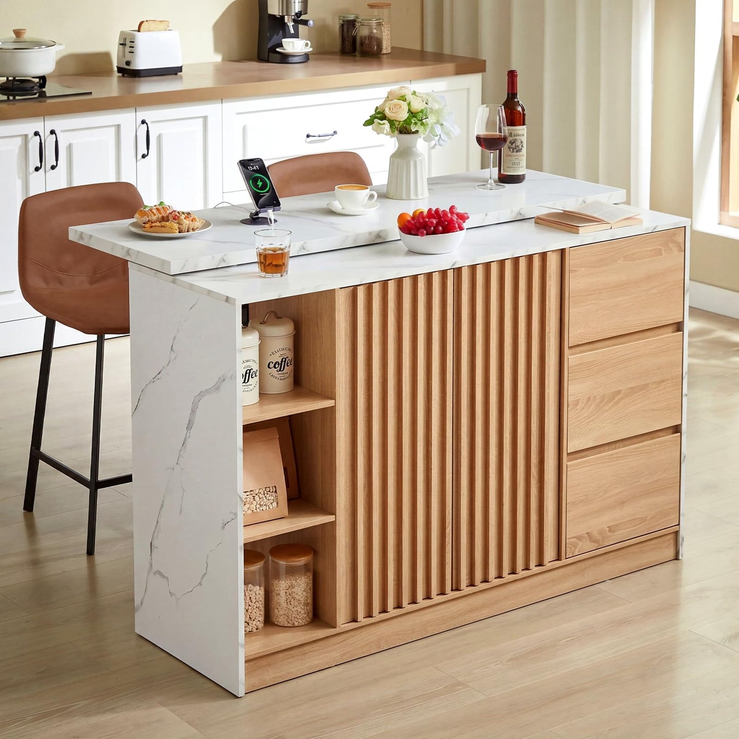 ONBRILL 55" Kitchen Island with Storage, Island Table with Sliding Extendable Countertop, Kitchen Island with Power Outlet for Kitchen, Dining Room, Living Room, White