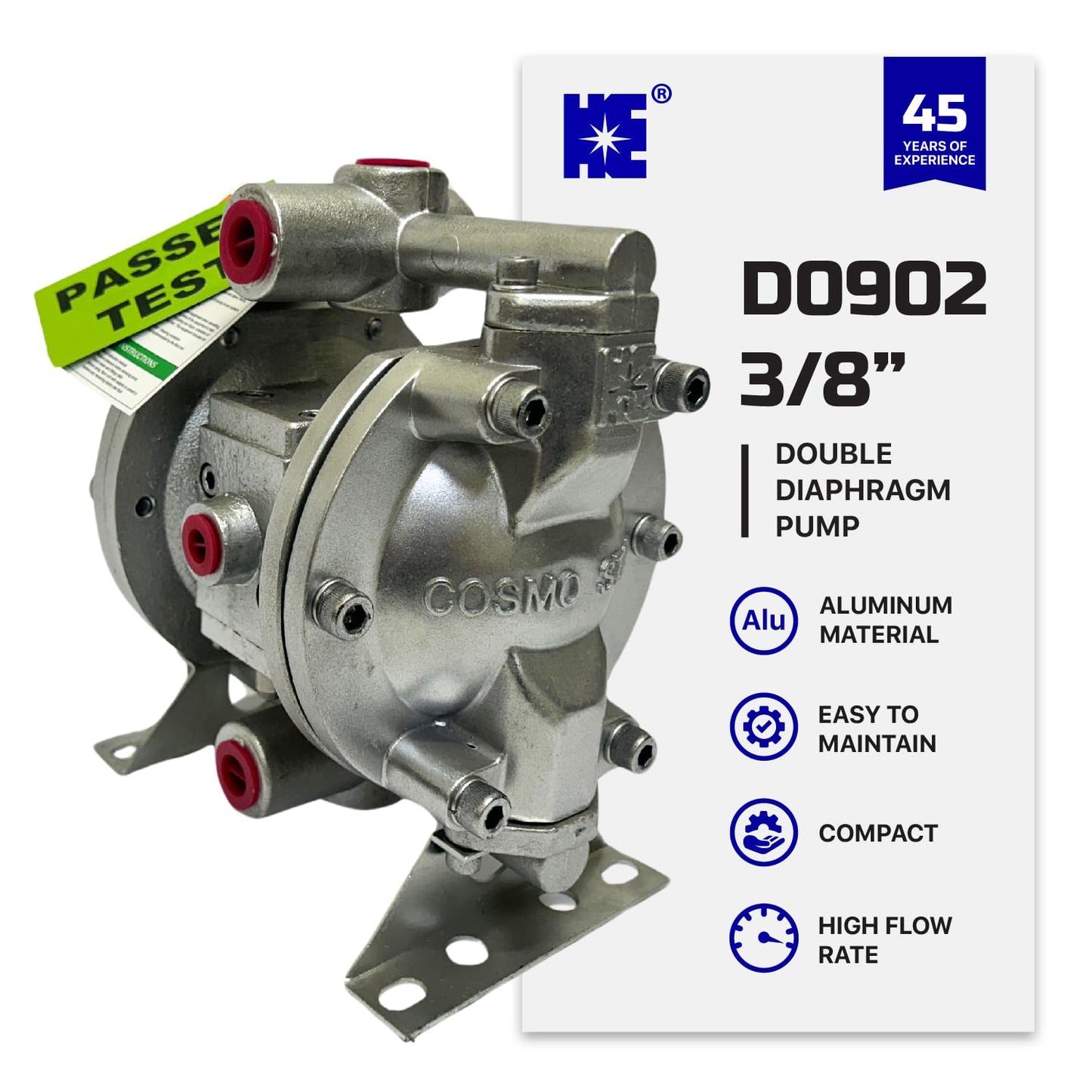 COSMOSTAR D0902 3/8" Double Air Diaphragm Pump, Aluminum Body, Teflon Ball, seat and Diaphragm, Pump Muffler, Pump, Chemical Pump, Waste Oil Pump, Pneumatic Oil Pump, Diaphragm Pumps