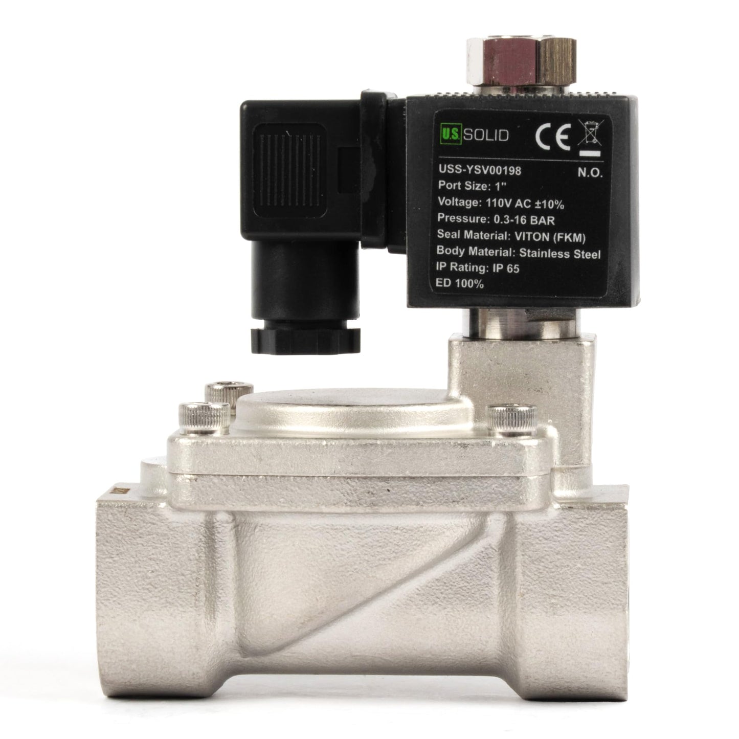 U.S. Solid Stainless Steel Solenoid Valve 1" - 110V 120V AC, Normally Open, 4.4-232 PSI, Pilot-Operated, Viton Seal