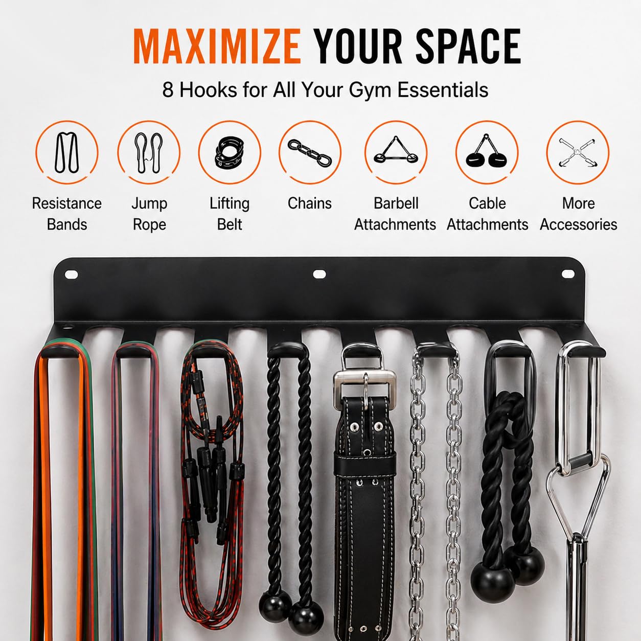 FizLig Gym Equipment Storage Rack - Multi-Purpose Home Gym Organization Storage Wall Mount for Resistance Bands, Jump Ropes, Lifting Belt, Chains, Barbells (16" / 8 Prongs)