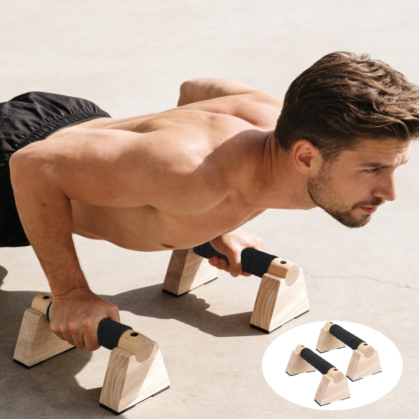 Parallettes Bars Set, 2pcs Wooden Push Up Handles Bars for Floor with Anti-Slip Base 1 Spacer & 1 Grip Tape Wood Home Gym Equipment for Handstand Training Calisthenics & Pushup Strength Workout
