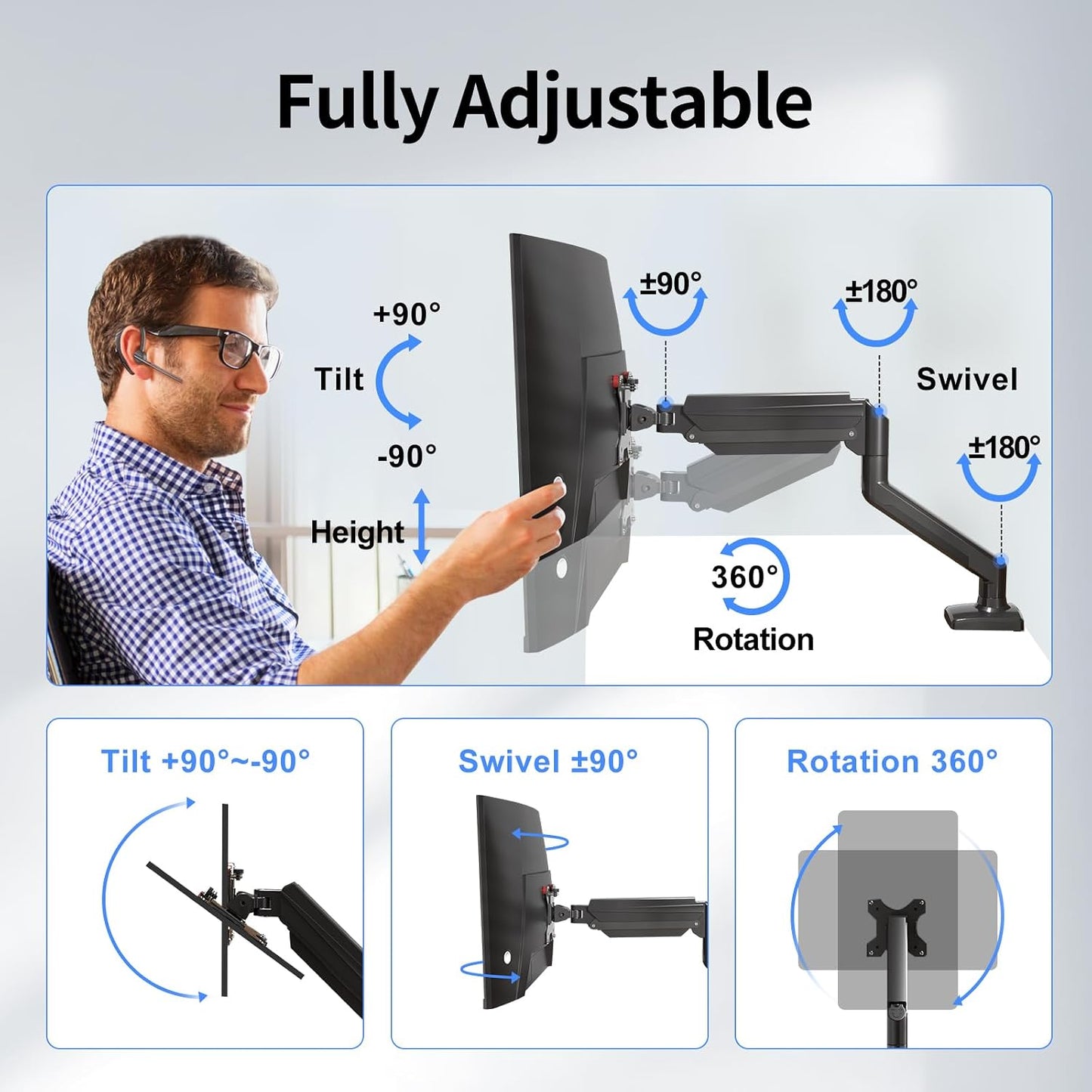 suptek 13-32 inch, 4.4-19.8lbs, 75x75/100x100mm Single Monitor Arm Mount for Adjustable Gas Spring Monitor Arm Desk