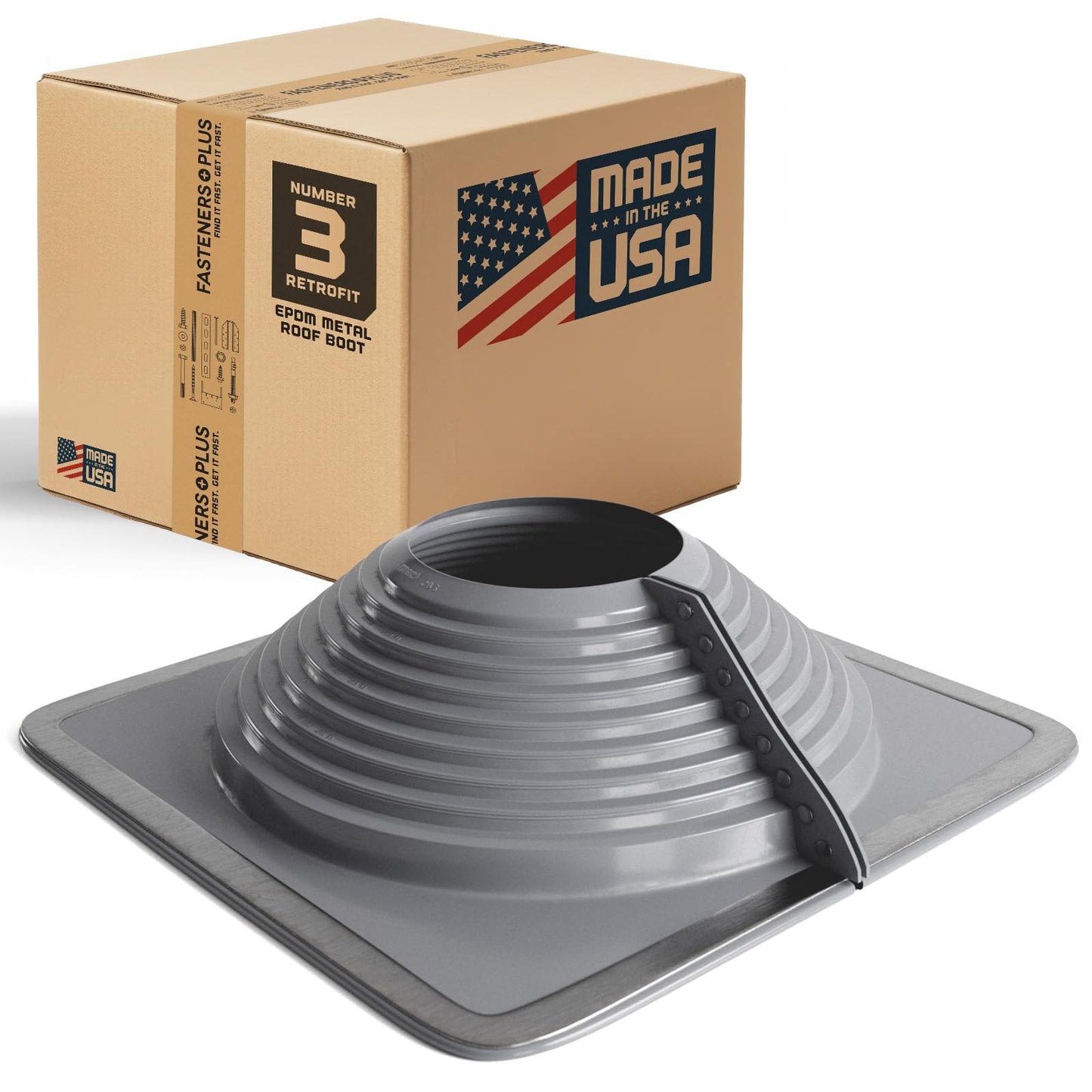 Fasteners Plus #3 Square Retrofit EPDM Metal Roof Pipe Flashing Boot (Made in USA), Fits 9-1/4” - 16-1/4” Pipe OD, Gray Metal Roof Boot for Repairs and Upgrades