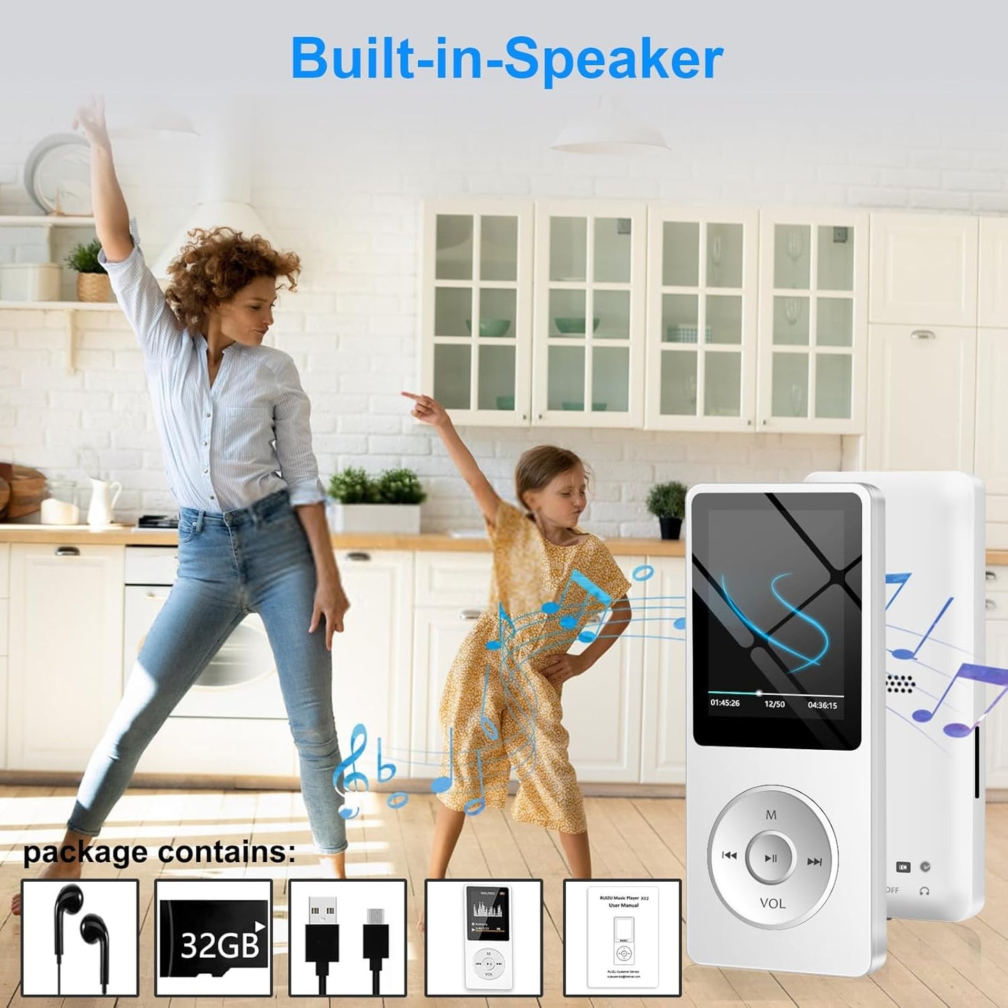 Aigital MP3 32GB MP3 Player with Bluetooth and TF Card, HiFi Music Player with Built-in Speaker and Earphones