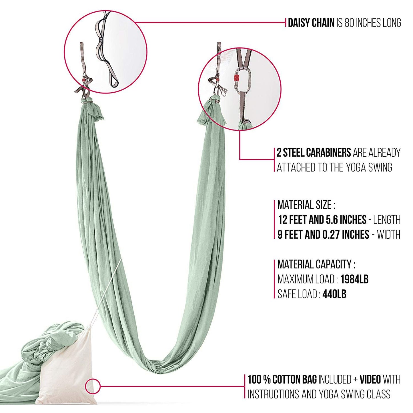 Pinc Active Silk Aerial Yoga Swing & Hammock Kit for Improved Yoga Inversions, Flexibility & Core Strength - Mint