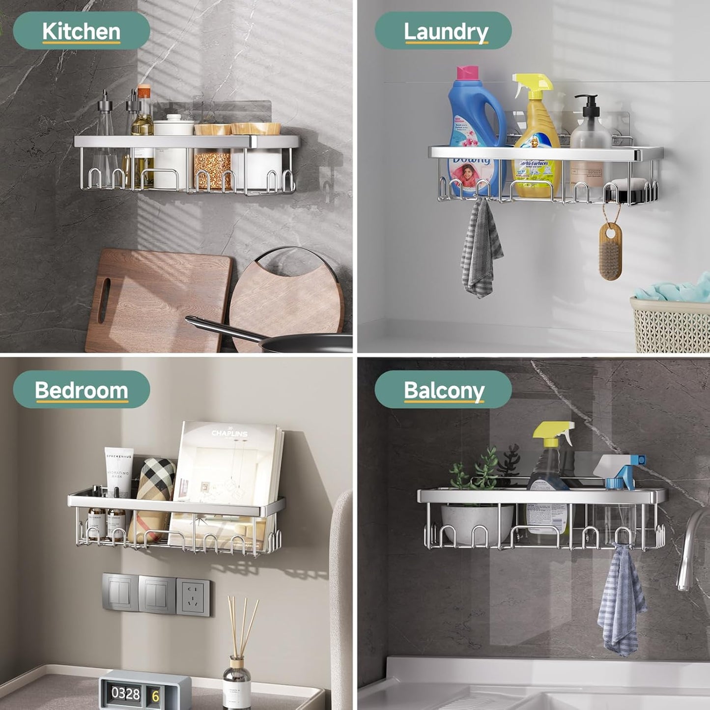 Veken Shower Caddy - Heavy-Duty Wall Mounted Organizer with Soap Dish & Toothbrush Holder | 5-Pack, Silver