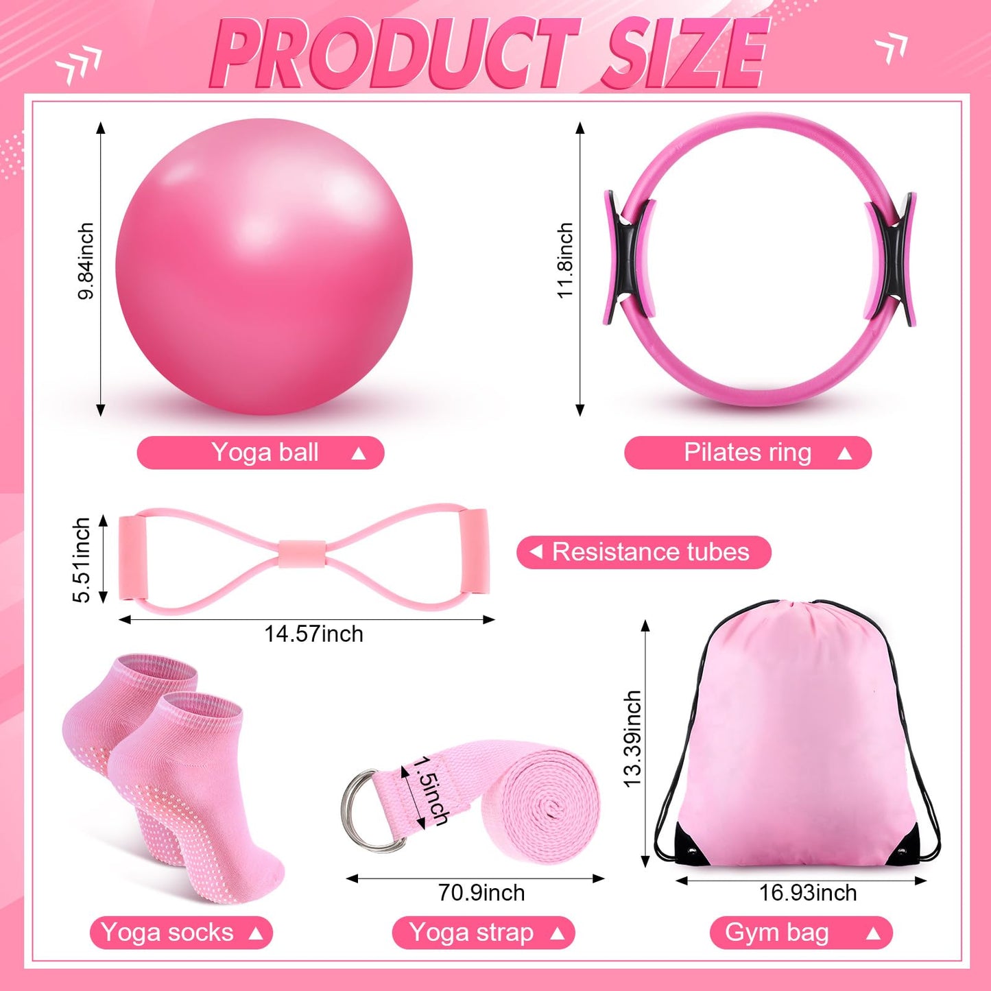 Poen 18 Pcs Home Pilates Ball and Ring Circle Set Yoga Fitness Essentials Kit with 5 Resistance Band Stretching Strap Non Slip Sock Ball Core Slider Wristband Headband Gym Bag for Women(Pink)