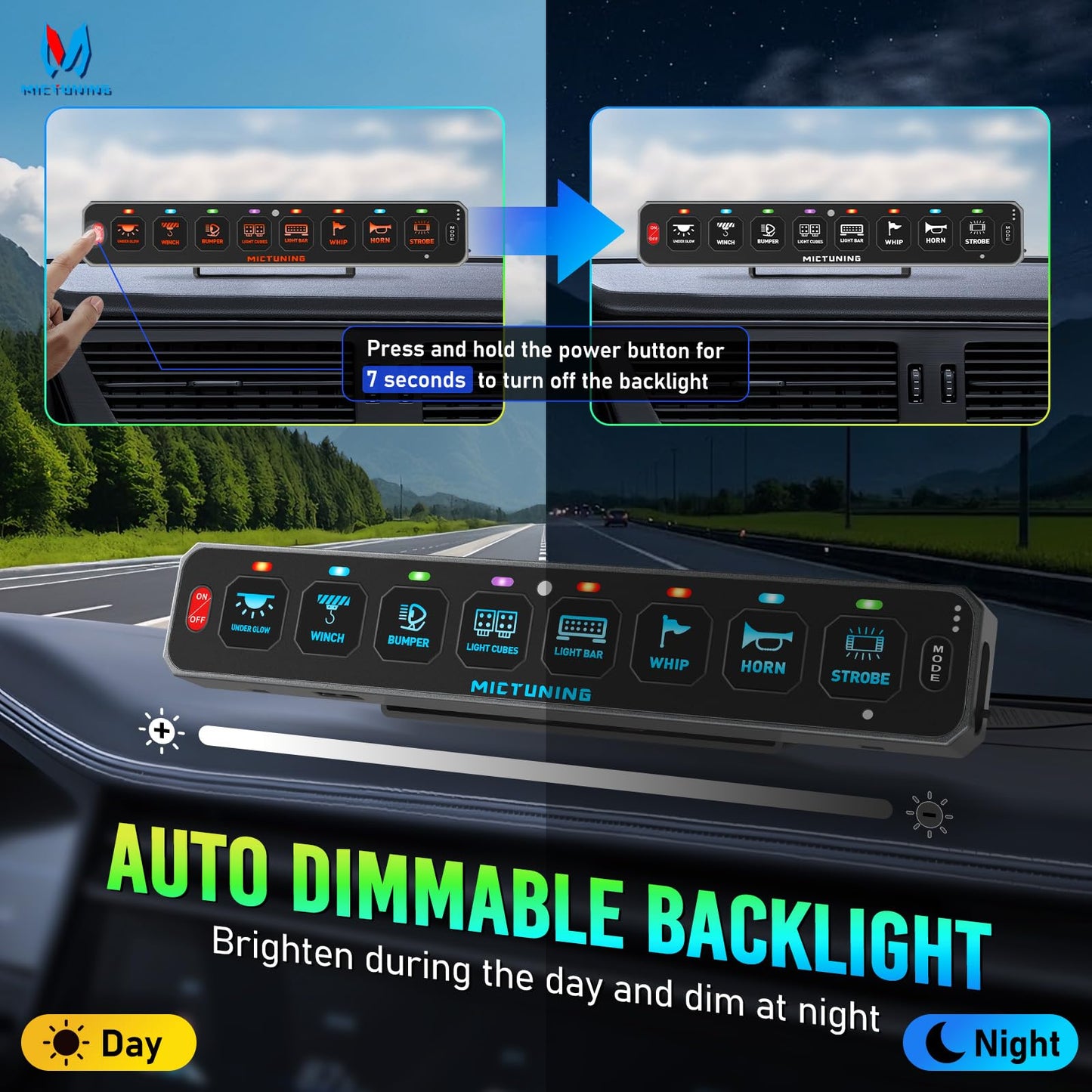 MICTUNING MS-W 8 Gang Slim Wireless Switch Panel, 208FT Range Multi-Panel Control, Toggle Momentary Strobe Pulsed Flash, RGB Dimmable Backlit, Circuit Relay System Box, No Drilling for Car RV UTV