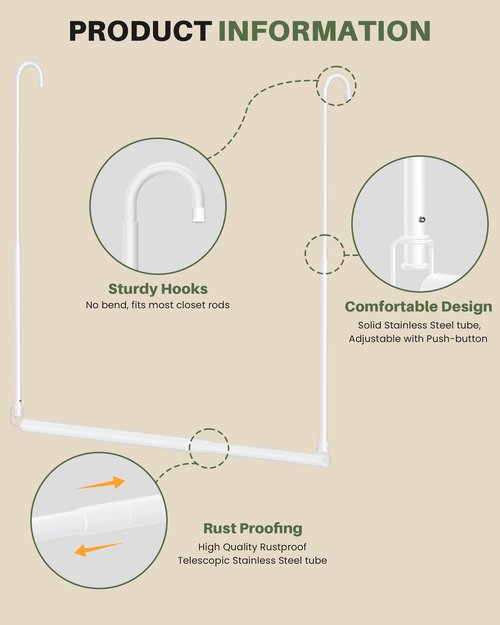 Hanging Closet Rod, Adjustable Height & Width Closet Rods for Hanging Clothes-Closet Extender Hanging Rod Space-Maximizing Design Suitable for Hanging and Drying Clothes, White