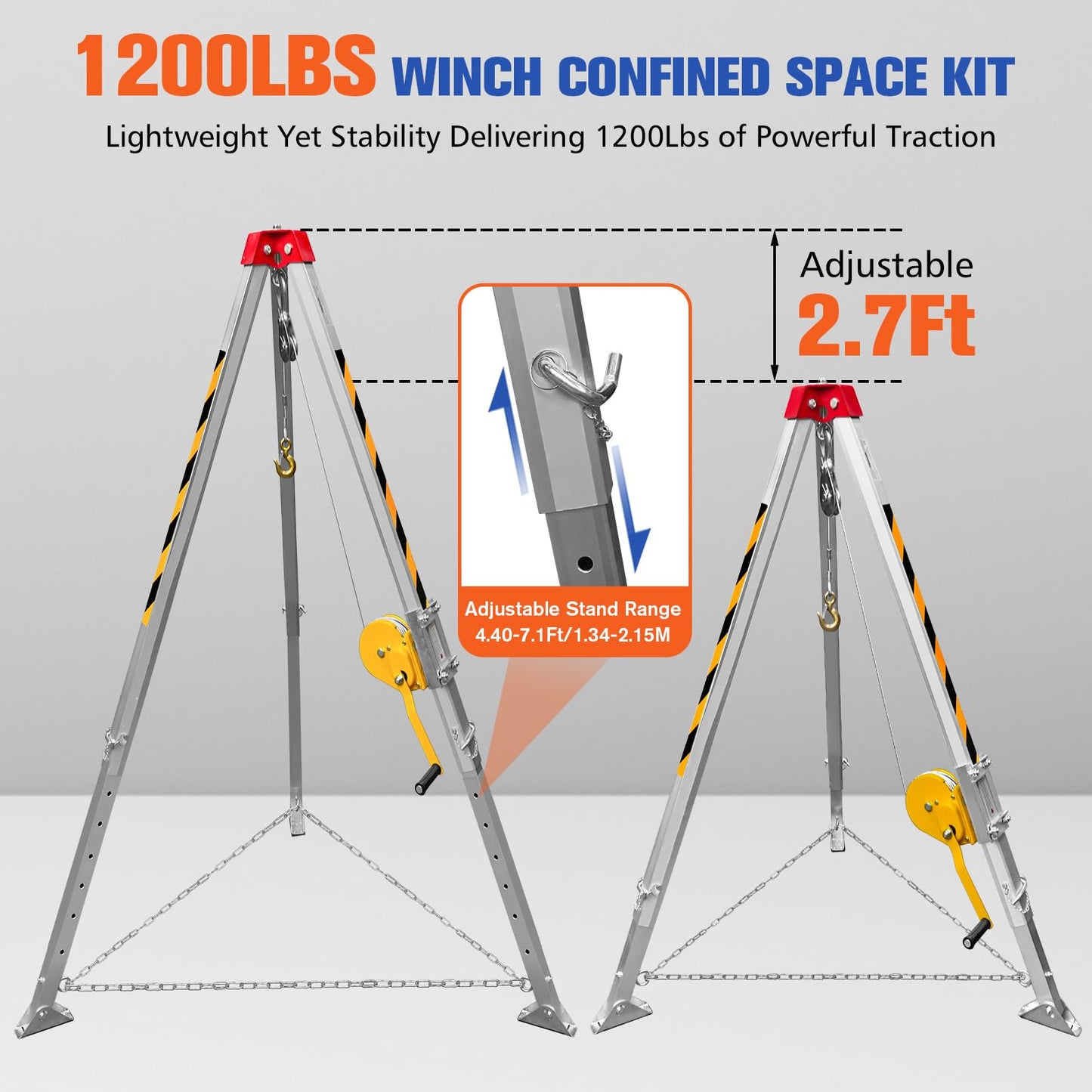 YATOINTO Confined Space Tripod Kit,1200 lbs Lifting Winch,Confined Space Rescue Tripod with 4.4' to 7' Legs and 98' Cable,Traditional Confined Spaces with 32.8' Protection and Storage Bag