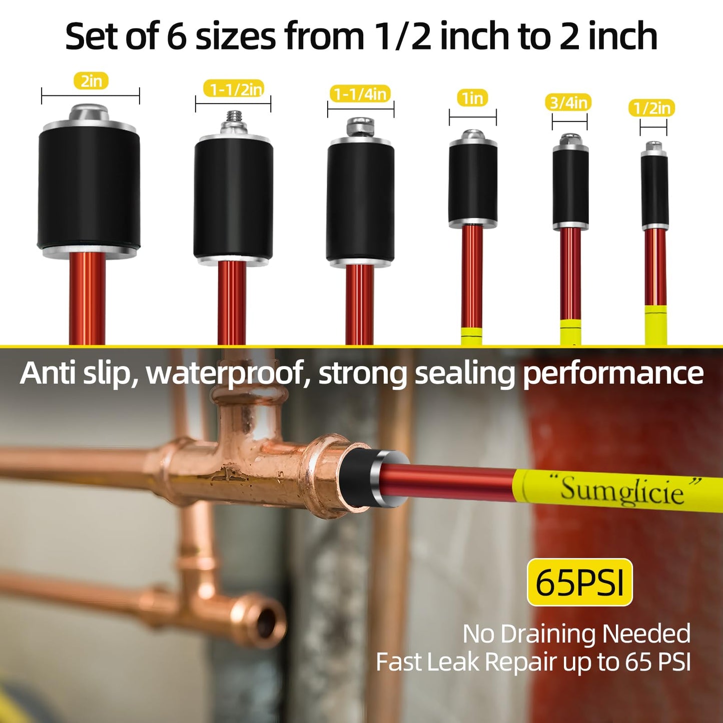 Sumglicie 6800 Plumbing Plug Tool Kit, Pipe Water Stopper Kit 1/2" to 2" for Professional Plumber Plumbing Repair, 6-Piece Tools with Carrying case, No Draining Needed, Fast Leak Repair up to 65 PSI