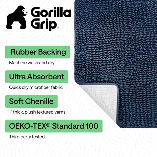 GORILLA GRIP Bath Rug Mat - Soft Absorbent Chenille | Quick-Dry Microfiber, 54x24, Navy Blue