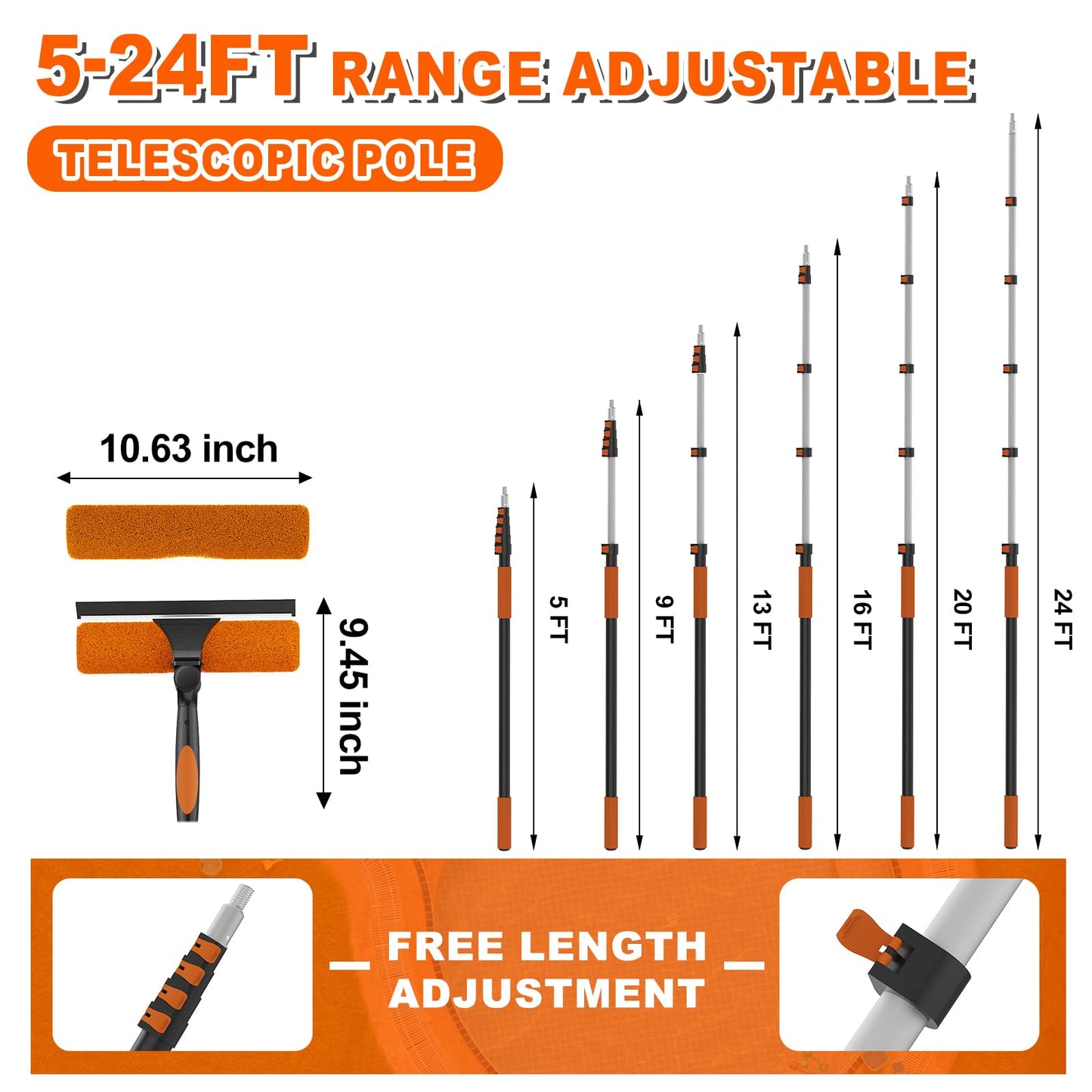 SISUPASSIE 30FT Reach 2-in-1 Window Squeegee, Professional Window Washing Kit with 5-24FT Extension Pole for Home, Indoor Outdoor Squeegee with Rotatable Head for High Windows