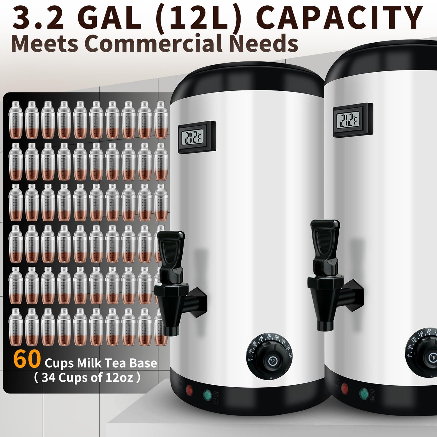 Nalison Insulated Beverage Dispenser-WITH HEATING,75 Cup Hot Drink Beverage for Catering-Stainless Steel Hot Beverage Dispenser 12 L/3.2 Gallon Hot Coffee Dispenser with Spigot for tea, Water,(silver)